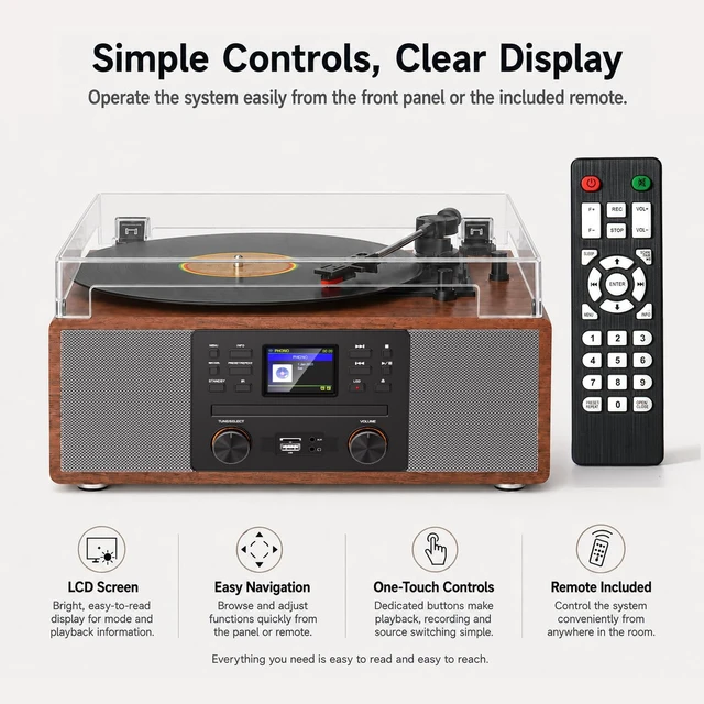 Alt view image 7 of 7 - All-in-One Record Player with CD Player, Internet Radio, Walnut 3-speed auto stop, Bluetooth in, USB/SD recording, RCA/AUX, pitch & bass/treble control, alarm, remote, décor gift for home