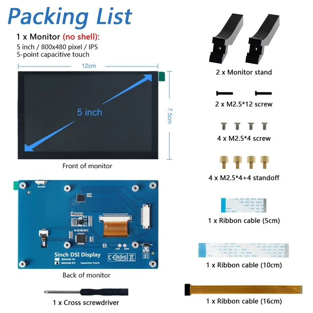 Alt view image 7 of 7 - Touchscreen for Raspberry Pi 5 4 Screen Display Monitor 5 Inch IPS 800x480 Pixel, 5-Point Capacitive Touch Screen, Integrated Back Mounting, Driver-Free Easy to Use
