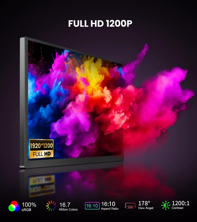 Alt view image 2 of 7 - 14 Inch Touchscreen Portable Monitor 1920x1200 IPS 16:10 Ratio FHD IPS Industrial Display, 100% sRGB 500 Nits, HDMI VGA DVI Inputs, Suitable for POS Kiosk Laptop PC Ras Pi Game Console