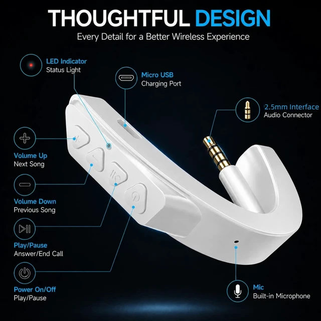 Alt view image 4 of 7 - aptX Wireless Bluetooth Adapter for Bose QuietComfort 25, White Add Bluetooth Audio to Bose QC25 Headphones, with AptX Support, Builtin Microphone & Volume Controls
