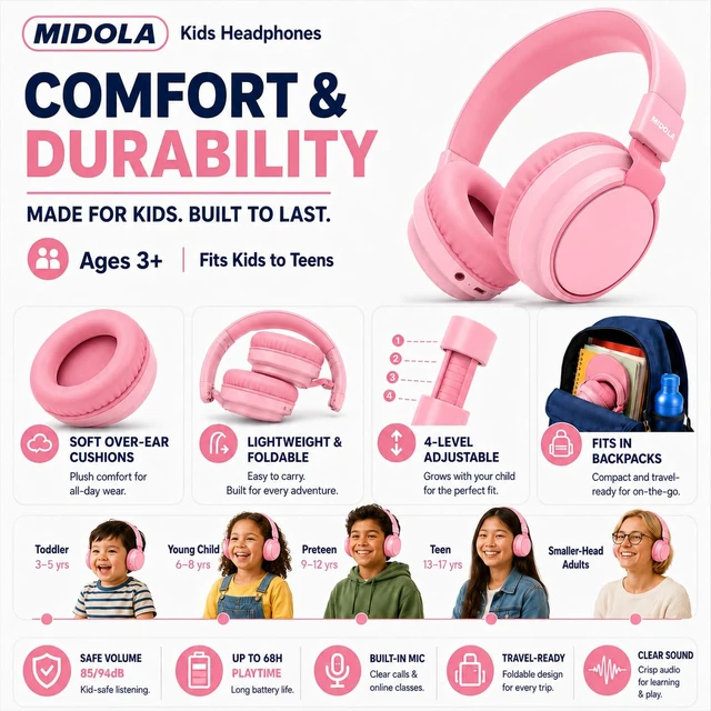 Alt view image 4 of 7 - Kids Bluetooth Headphones Wireless Over-Ear,68Hrs,Volume Limit 85/94dB Pink Built-in Mic,Adjustable Headband Foldable Lightweight for Toddler School Girls Boys,Stereo Sound,Wired by Aux 3.5mm