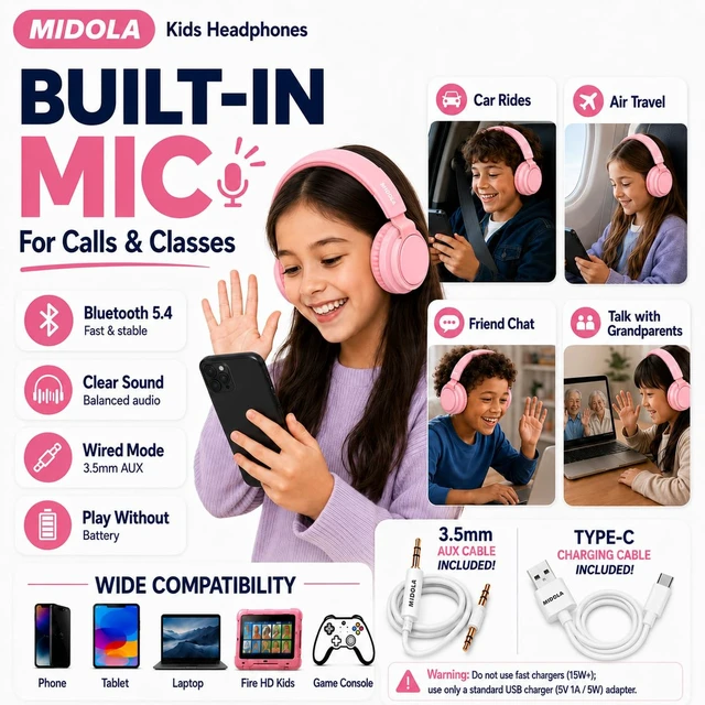 Alt view image 5 of 7 - Kids Bluetooth Headphones Wireless Over-Ear,68Hrs,Volume Limit 85/94dB Pink Built-in Mic,Adjustable Headband Foldable Lightweight for Toddler School Girls Boys,Stereo Sound,Wired by Aux 3.5mm