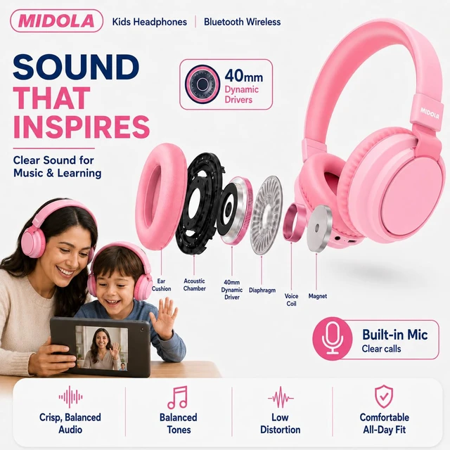 Alt view image 7 of 7 - Kids Bluetooth Headphones Wireless Over-Ear,68Hrs,Volume Limit 85/94dB Pink Built-in Mic,Adjustable Headband Foldable Lightweight for Toddler School Girls Boys,Stereo Sound,Wired by Aux 3.5mm
