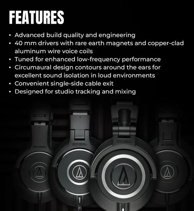 Alt view image 5 of 7 - ATH-M20x Professional Monitor Headphones - Black Bundle with Case and Austin Bazaar Polishing Cloth