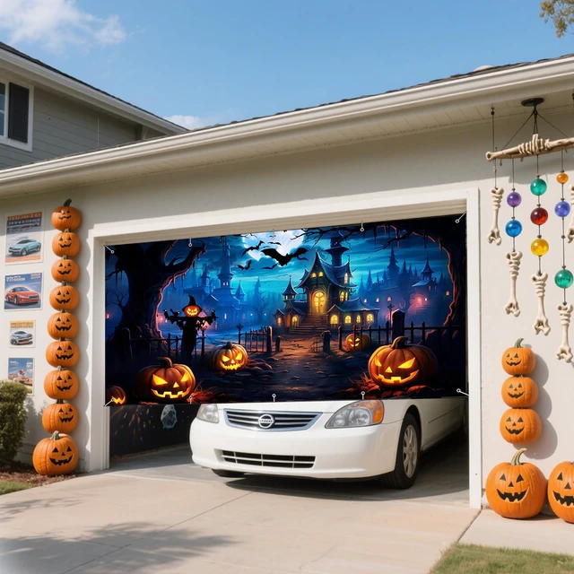 Alt view image 3 of 7 - Halloween Garage Door Banner 7 x 16 Ft Extra Large Hanging Backdrop Door Cover Horror Moon Night Spooky Party Decorations Outdoor Home Yard Wall Haunted House Decor Photo Backgrounds (Blue)