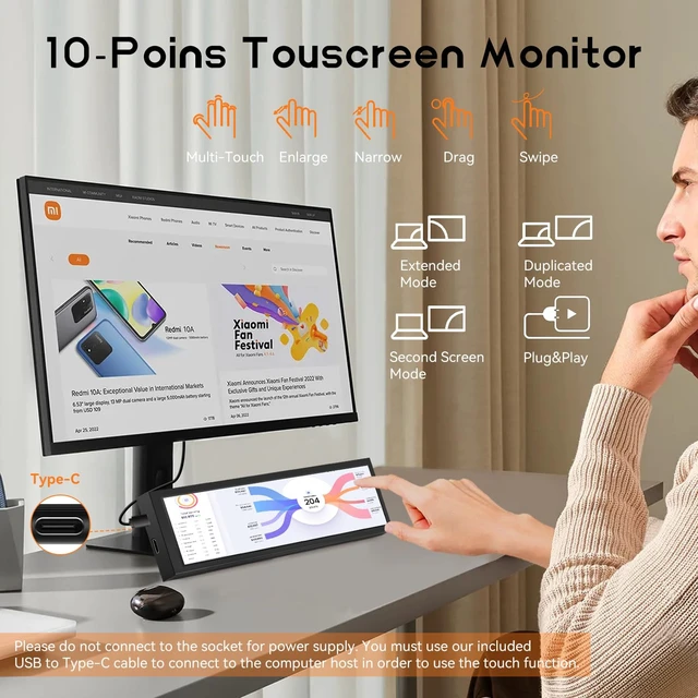 Alt view image 4 of 7 - 8.8 Inch Small Touchscreen Monitor, PC Temperature Display 1920x480, 60Hz HDMI PC Sensor Panel Display, IPS Mini Screen for Raspberry Pi, AIDA64 CPU RAM Data Temperature Monitor for ARGB Computer Case