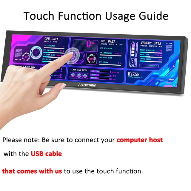 Alt view image 5 of 7 - 8.8 Inch Small Touchscreen Monitor, PC Temperature Display 1920x480, 60Hz HDMI PC Sensor Panel Display, IPS Mini Screen for Raspberry Pi, AIDA64 CPU RAM Data Temperature Monitor for ARGB Computer Case
