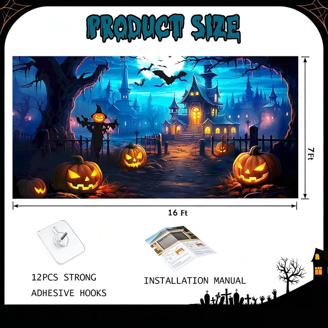 Alt view image 6 of 7 - Halloween Garage Door Banner 7 x 16 Ft Extra Large Hanging Backdrop Door Cover Horror Moon Night Spooky Party Decorations Outdoor Home Yard Wall Haunted House Decor Photo Backgrounds (Blue)
