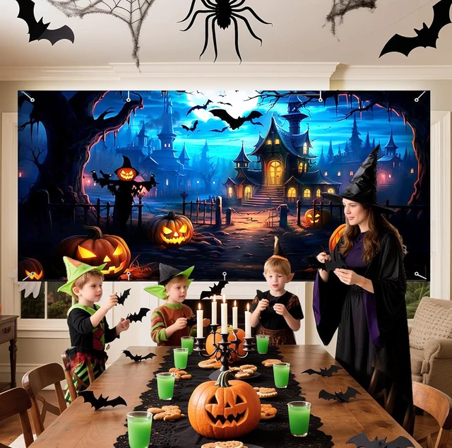 Alt view image 7 of 7 - Halloween Garage Door Banner 7 x 16 Ft Extra Large Hanging Backdrop Door Cover Horror Moon Night Spooky Party Decorations Outdoor Home Yard Wall Haunted House Decor Photo Backgrounds (Blue)
