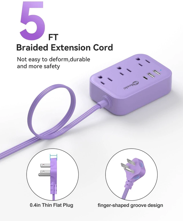 Alt view image 2 of 7 - Purple Extension Cord with 3 Outlets & 3 USB(1 USB C), Cute Small Extension Cord 5ft, Travel Power Strip Flat Plug with USB Charging Station, Compact for Cute Purple Kawaii Lavender Desk Accessories