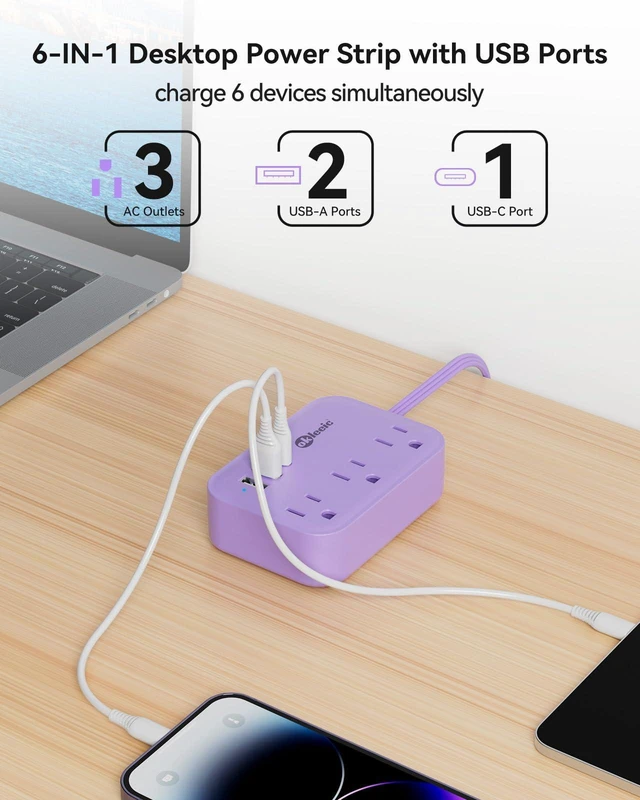 Alt view image 3 of 7 - Purple Extension Cord with 3 Outlets & 3 USB(1 USB C), Cute Small Extension Cord 5ft, Travel Power Strip Flat Plug with USB Charging Station, Compact for Cute Purple Kawaii Lavender Desk Accessories
