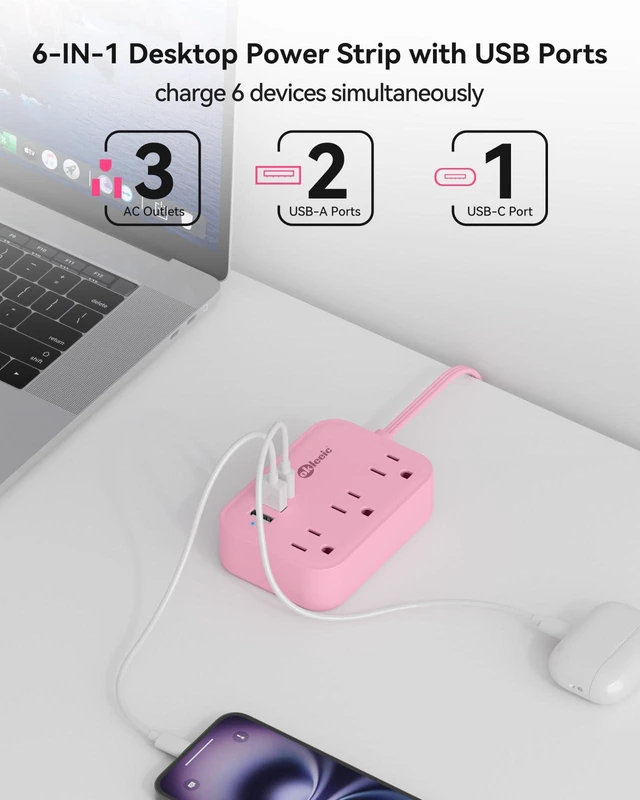 Alt view image 2 of 6 - Pink Power Strip - 5Ft Extension Cord with 3 USB(1 USB C) Charging Station and 3 Outlets, Pink Desk Accessories for Cruise Travel Cute Kawaii College Dorm Desk Home Essentials