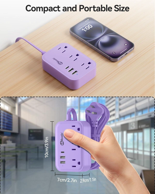 Alt view image 7 of 7 - Purple Extension Cord with 3 Outlets & 3 USB(1 USB C), Cute Small Extension Cord 5ft, Travel Power Strip Flat Plug with USB Charging Station, Compact for Cute Purple Kawaii Lavender Desk Accessories