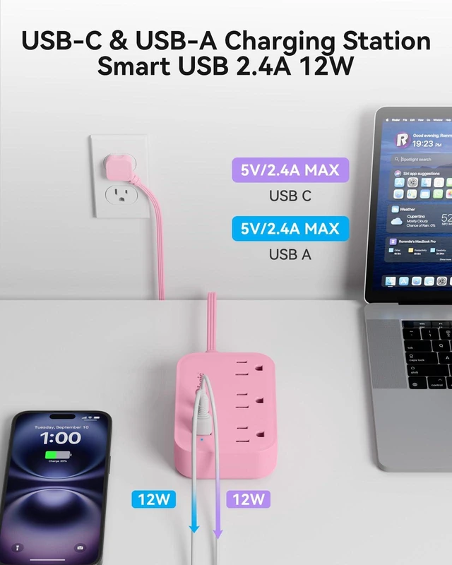 Alt view image 4 of 6 - Pink Power Strip - 5Ft Extension Cord with 3 USB(1 USB C) Charging Station and 3 Outlets, Pink Desk Accessories for Cruise Travel Cute Kawaii College Dorm Desk Home Essentials