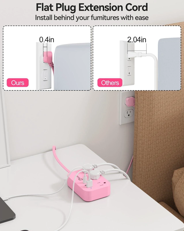 Alt view image 3 of 6 - Pink Power Strip - 5Ft Extension Cord with 3 USB(1 USB C) Charging Station and 3 Outlets, Pink Desk Accessories for Cruise Travel Cute Kawaii College Dorm Desk Home Essentials