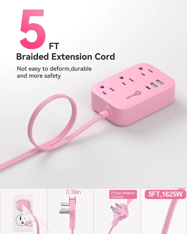 Alt view image 5 of 6 - Pink Power Strip - 5Ft Extension Cord with 3 USB(1 USB C) Charging Station and 3 Outlets, Pink Desk Accessories for Cruise Travel Cute Kawaii College Dorm Desk Home Essentials