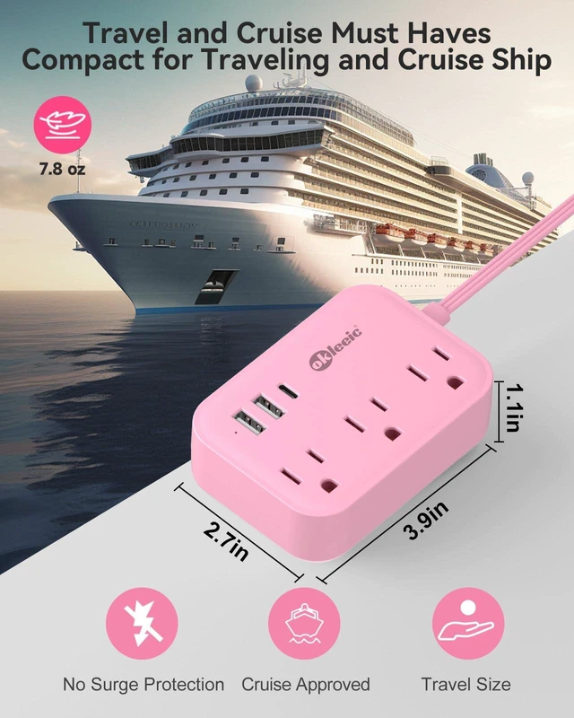 Alt view image 6 of 6 - Pink Power Strip - 5Ft Extension Cord with 3 USB(1 USB C) Charging Station and 3 Outlets, Pink Desk Accessories for Cruise Travel Cute Kawaii College Dorm Desk Home Essentials