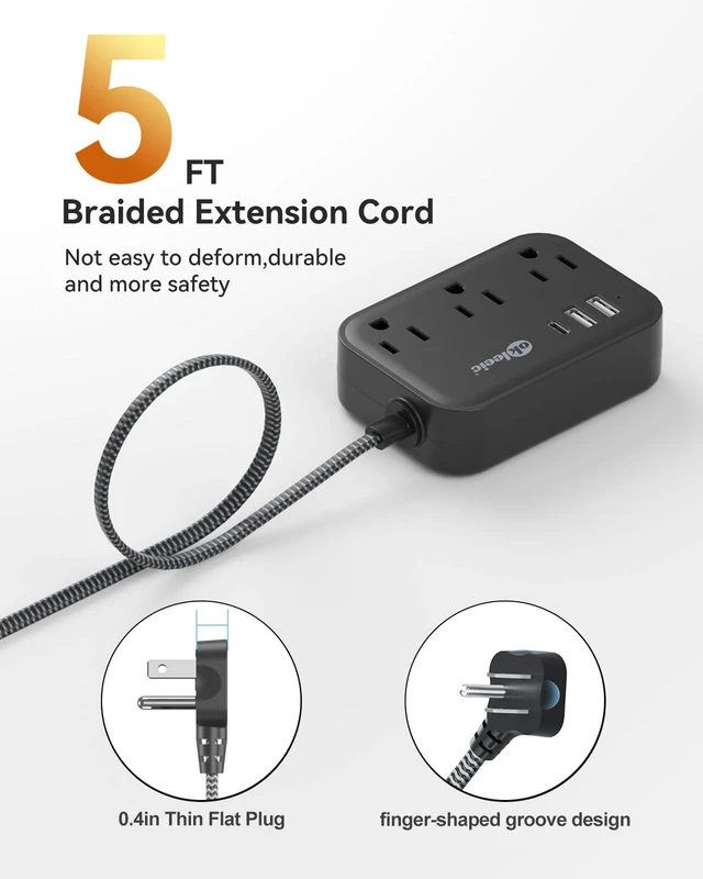 Alt view image 2 of 7 - Flat Plug Power Strip with USB C Ports, Black Extension Cord 5FT with 3 AC Outlets 3 USB, Short Extension Cord Outlet Extender with No Surge Protector for Cruise Ship, Dorm Room Travel Essentials