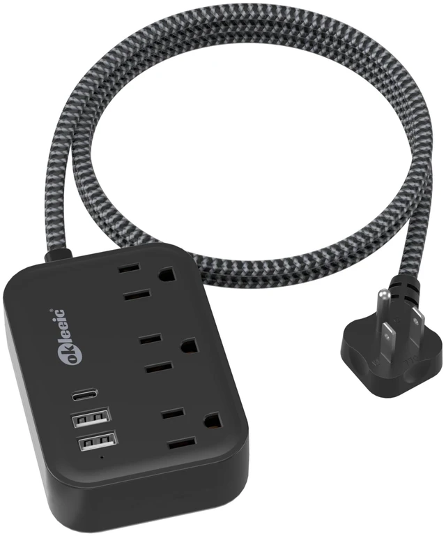Main image of Flat Plug Power Strip with USB C Ports, Black Extension Cord 5FT with 3 AC Outlets 3 USB, Short Extension Cord Outlet Extender with No Surge Protector for Cruise Ship, Dorm Room Travel Essentials