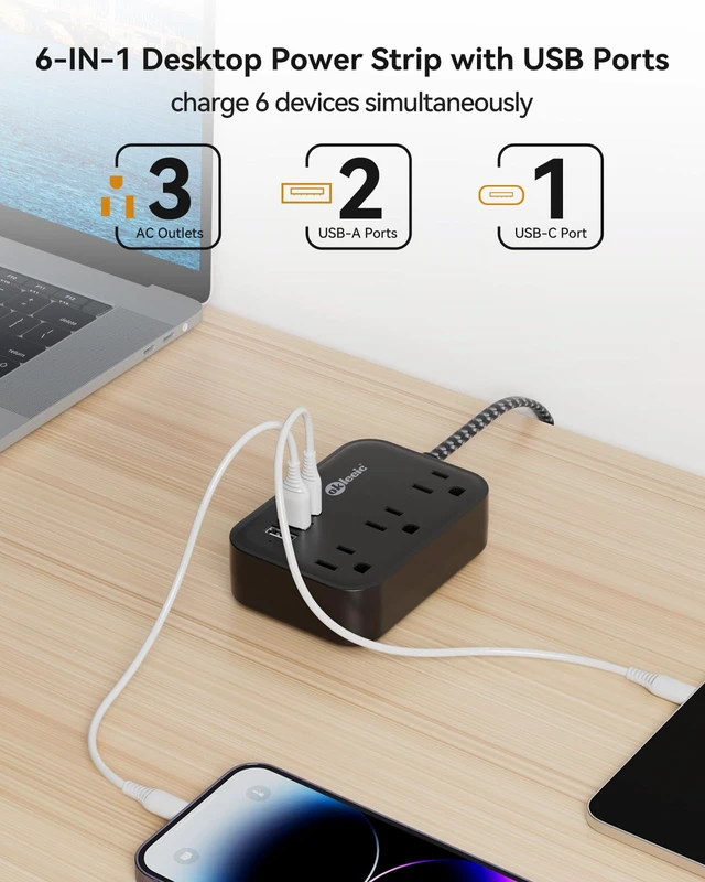 Alt view image 3 of 7 - Flat Plug Power Strip with USB C Ports, Black Extension Cord 5FT with 3 AC Outlets 3 USB, Short Extension Cord Outlet Extender with No Surge Protector for Cruise Ship, Dorm Room Travel Essentials