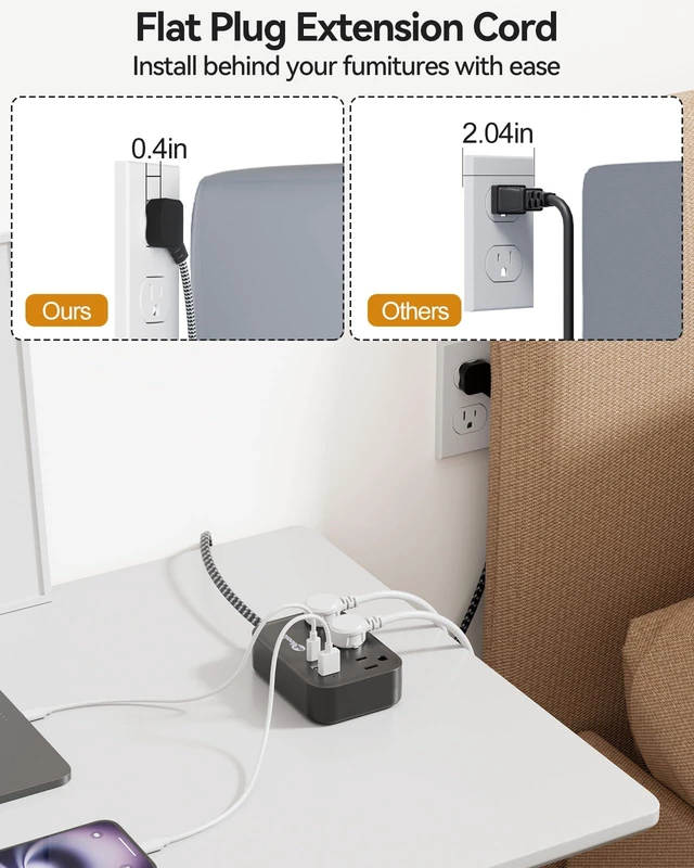 Alt view image 5 of 7 - Flat Plug Power Strip with USB C Ports, Black Extension Cord 5FT with 3 AC Outlets 3 USB, Short Extension Cord Outlet Extender with No Surge Protector for Cruise Ship, Dorm Room Travel Essentials