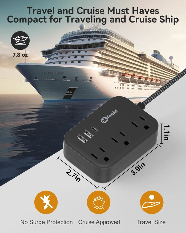 Alt view image 4 of 7 - Flat Plug Power Strip with USB C Ports, Black Extension Cord 5FT with 3 AC Outlets 3 USB, Short Extension Cord Outlet Extender with No Surge Protector for Cruise Ship, Dorm Room Travel Essentials