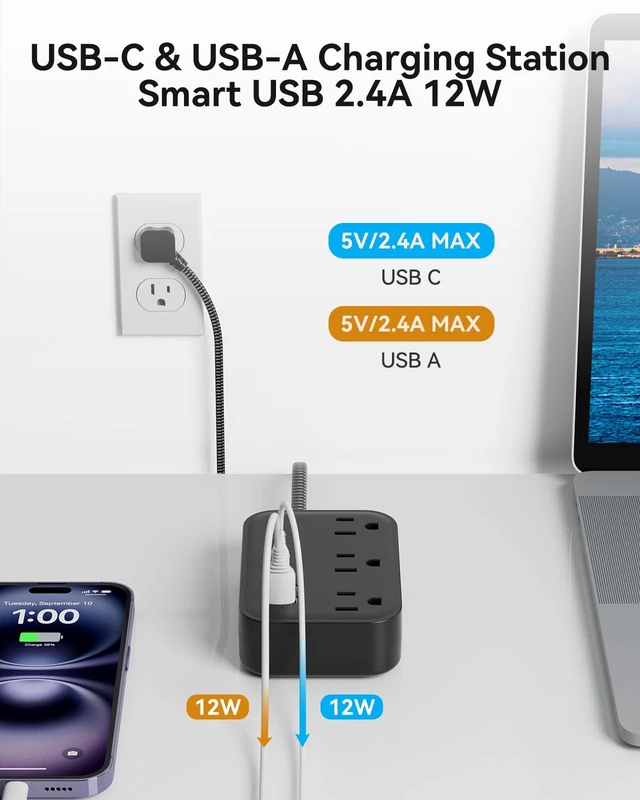 Alt view image 6 of 7 - Flat Plug Power Strip with USB C Ports, Black Extension Cord 5FT with 3 AC Outlets 3 USB, Short Extension Cord Outlet Extender with No Surge Protector for Cruise Ship, Dorm Room Travel Essentials