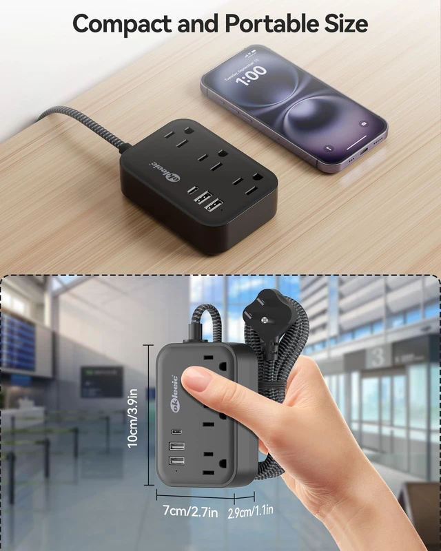 Alt view image 7 of 7 - Flat Plug Power Strip with USB C Ports, Black Extension Cord 5FT with 3 AC Outlets 3 USB, Short Extension Cord Outlet Extender with No Surge Protector for Cruise Ship, Dorm Room Travel Essentials