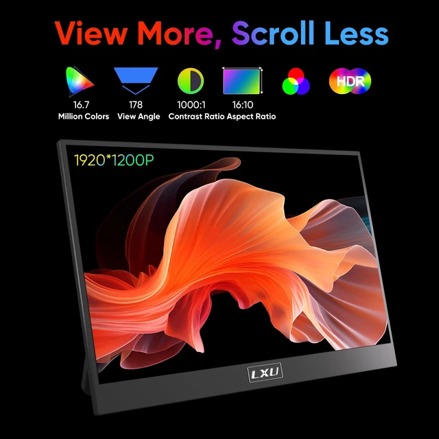 Alt view image 2 of 7 - Portable Monitor for Laptop 14" 1200P 100% sRGB USB-C HDMI, Black, S2 IPS HDR, USB-C one-cable, Mac/PC/Switch/PS5/Xbox/Computer/Tablet/Phone, Dual Speaker, 3.5mm Audio, Work & Gaming