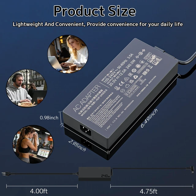 Alt view image 7 of 7 - 240W ADP-240EB B Charger for ASUS ROG Zephyrus Gaming G14 G16 M16 Laptop Zephyrus Gaming G14 G16 M16 Duo 15 TUF Gaming F15 A15 A17 F17 ROG Strix G15 G17 G16 Scar 15 17 a20-240p1a Power Supply Cord
