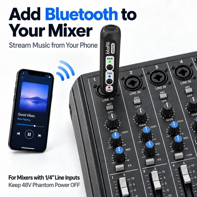 Alt view image 2 of 7 - 6dot35 Bluetooth Receiver with 1/4" TRS 6.35mm Output for Mixers For PA/DJ/Amps, aptX HD & Low Latency, AAC/SBC, TWS Stereo Requires 2 Units, 10+ Hour Rechargeable Battery