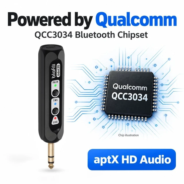 Alt view image 6 of 7 - 6dot35 Bluetooth Receiver with 1/4" TRS 6.35mm Output for Mixers For PA/DJ/Amps, aptX HD & Low Latency, AAC/SBC, TWS Stereo Requires 2 Units, 10+ Hour Rechargeable Battery