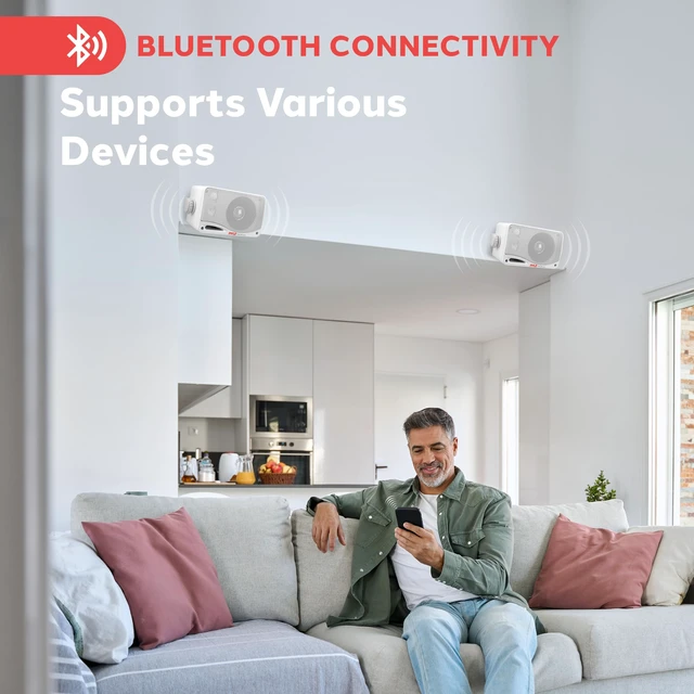 Alt view image 7 of 7 - Outdoor Waterproof Wireless Bluetooth Speaker - 3.5 Inch Pair 3-way Active Passive Weatherproof Wall, Ceiling Mount Dual Speakers System w/ Heavy Duty Grill, Patio, Indoor Use -PDWR42WBT (White)