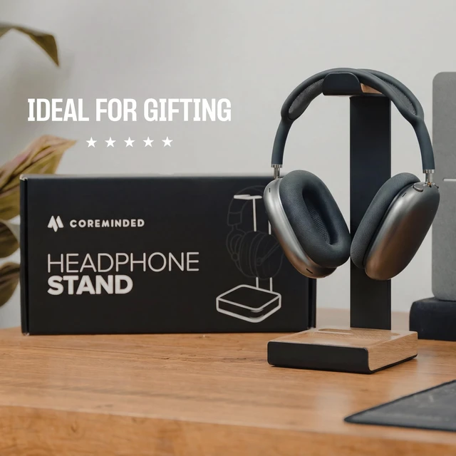 Alt view image 7 of 7 - Universal Headphone Stand for Desk, Oak Wood Headset Holder Fits All Headphones incl AirPods Max, Heavy Duty Solid Wood, Sturdy & Stable, Gaming Headset Organizer, Gift Ready Box
