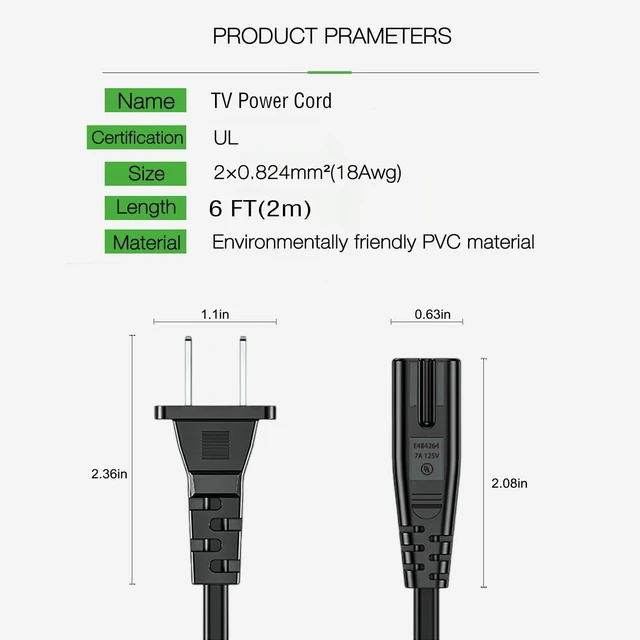 Alt view image 2 of 4 - 6FT LG TV Power Cord for LG TV 24" 28" 32" 40" 43" 48" 49" 50" 55" 60" 65" 75" 80" 85" LCD HD Smart 4K TVs 2 Prong AC Power Cable, 43LH570A 55UH6090 55LH575A 55UH6030 32LH500B Charging Cable (Black)