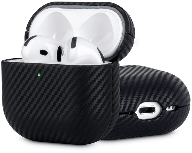 Main image of Envelop Series - Leather Case for AirPods 5 / AirPods 4 - Black Hand-crafted Case Fully Wrapped in Top Grain Leather; Carbon Fiber Finish; Soft Microfiber Inner Lining; Qi wireless charging