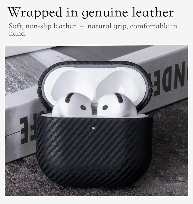 Alt view image 3 of 6 - Envelop Series - Leather Case for AirPods 5 / AirPods 4 - Black Hand-crafted Case Fully Wrapped in Top Grain Leather; Carbon Fiber Finish; Soft Microfiber Inner Lining; Qi wireless charging