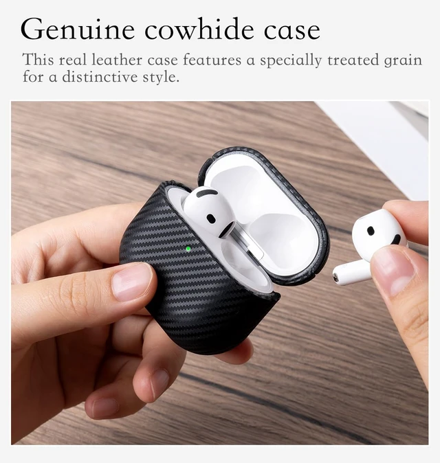 Alt view image 6 of 6 - Envelop Series - Leather Case for AirPods 5 / AirPods 4 - Black Hand-crafted Case Fully Wrapped in Top Grain Leather; Carbon Fiber Finish; Soft Microfiber Inner Lining; Qi wireless charging