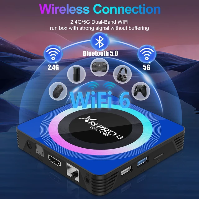 Alt view image 6 of 7 - 8K Android TV Box 13.0, 4GB 64GB Quad Core Dual WiFi BT with Mini Keyboard 2.4GHz/5GHz Dual Band WiFi, 100M Ethernet LAN, Quad-Core Processor, 8K Ultra HD Output, Mini Keyboard Included