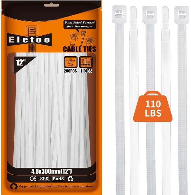Main image of 12 Inch White Zip Ties Heavy Duty 200 Pack Cable Ties 110 LBS UV Resistant Cable Ties, Clear Zip Ties, Weatherproof, Self-Locking for Indoor and Outdoor