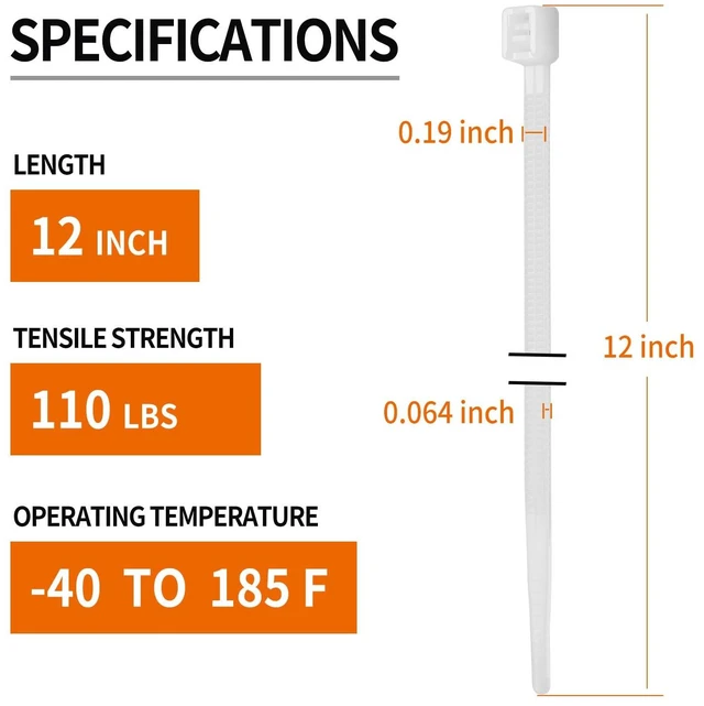 Alt view image 2 of 7 - 12 Inch White Zip Ties Heavy Duty 200 Pack Cable Ties 110 LBS UV Resistant Cable Ties, Clear Zip Ties, Weatherproof, Self-Locking for Indoor and Outdoor
