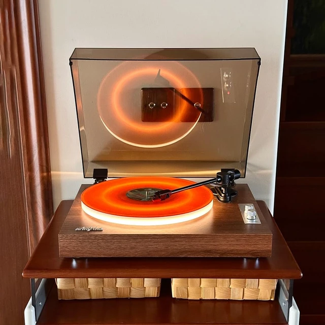 Alt view image 5 of 6 - Bluetooth Record Player with Speakers and Illuminated Platter Vintage wooden design with RCA output and 3.5mm input, ideal for home listening and decor