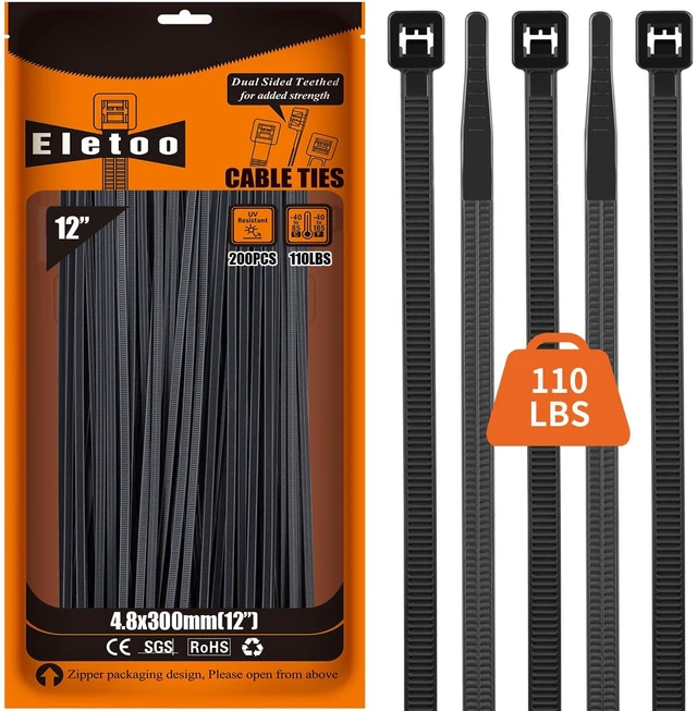 Main image of 12 Inch Black Zip Ties Heavy Duty 200 Pack Cable Ties 110 LBS UV Resistant Cable Ties, Weatherproof, Self-Locking for Indoor and Outdoor