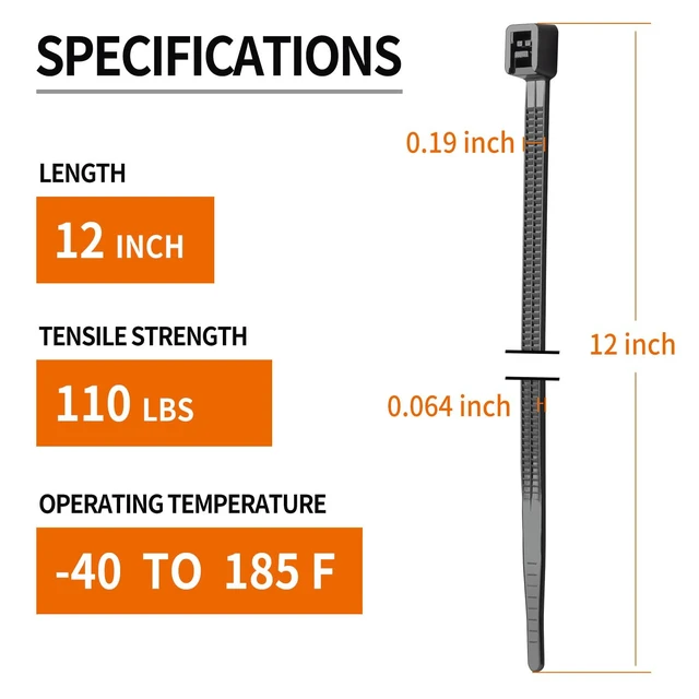 Alt view image 2 of 7 - 12 Inch Black Zip Ties Heavy Duty 200 Pack Cable Ties 110 LBS UV Resistant Cable Ties, Weatherproof, Self-Locking for Indoor and Outdoor