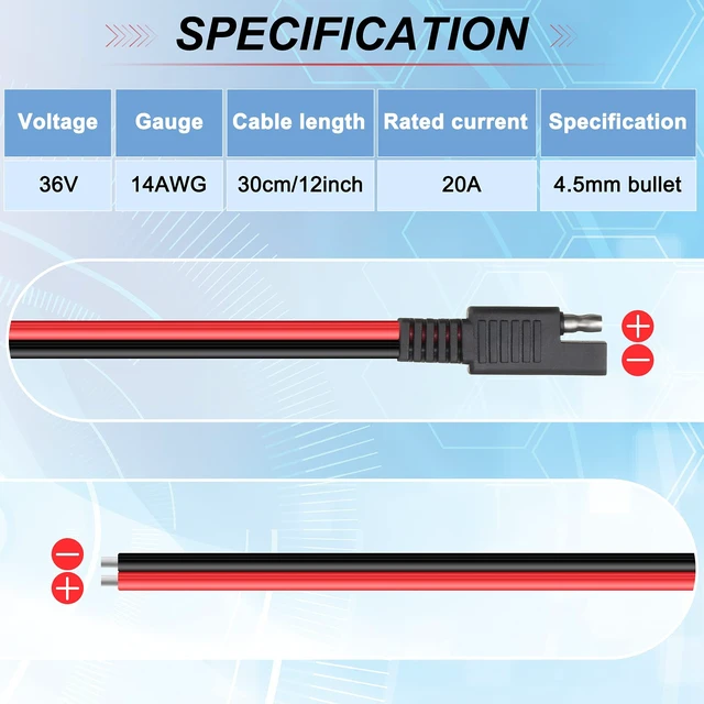 Alt view image 3 of 7 - 8 Pack 14 Awg 2 Pin SAE Quick Connectors Extension Cable 1FT 12V Connectors Disconnect Wire Harness with Single Plug for Motorcycle, Car, Solar Panel, Battery Charger and Automotive Use