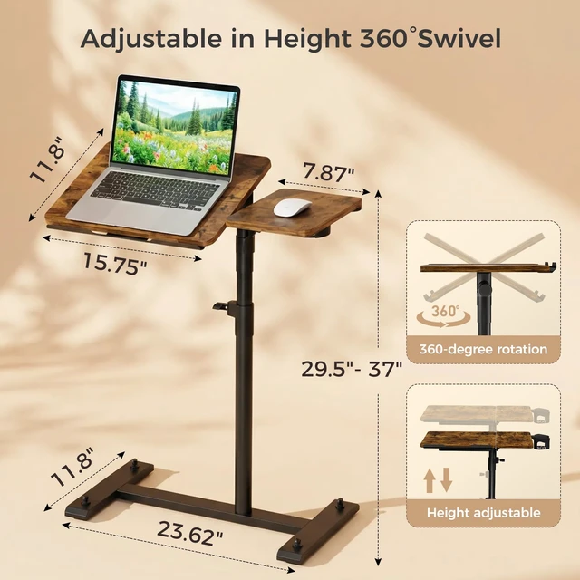 Alt view image 2 of 7 - Rolling Table for Laptop Stand, Height and Angle Adjustable Over Bed Table with Wheels, Tilt-Top Laptop Desk for Couch with Cup Holder, Bed Table Tray for Eating (Brown)