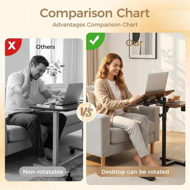 Alt view image 3 of 7 - Rolling Table for Laptop Stand, Height and Angle Adjustable Over Bed Table with Wheels, Tilt-Top Laptop Desk for Couch with Cup Holder, Bed Table Tray for Eating (Brown)