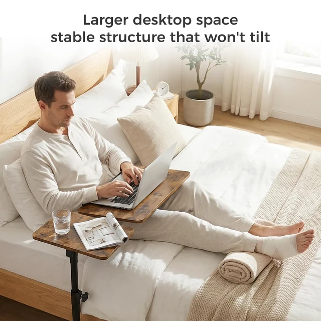 Alt view image 4 of 7 - Rolling Table for Laptop Stand, Height and Angle Adjustable Over Bed Table with Wheels, Tilt-Top Laptop Desk for Couch with Cup Holder, Bed Table Tray for Eating (Brown)