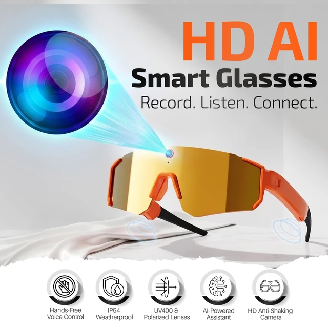 Alt view image 2 of 7 - AI Smart Glasses with 32MP & 1200P Video Camera,Waterproof Recording,Voice Assistant,Open-Ear Audio,Dual Mic Noise Reduction,EIS Stabilization,Lightweight & Comfortable Outdoor Sports (Orange)