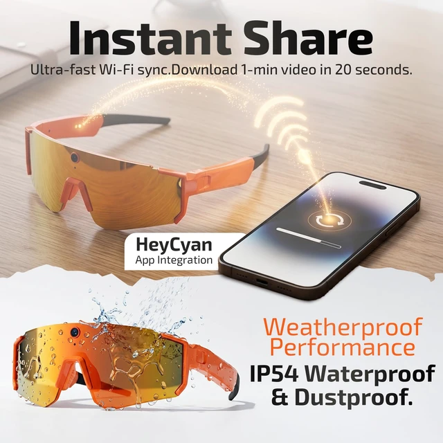 Alt view image 4 of 7 - AI Smart Glasses with 32MP & 1200P Video Camera,Waterproof Recording,Voice Assistant,Open-Ear Audio,Dual Mic Noise Reduction,EIS Stabilization,Lightweight & Comfortable Outdoor Sports (Orange)